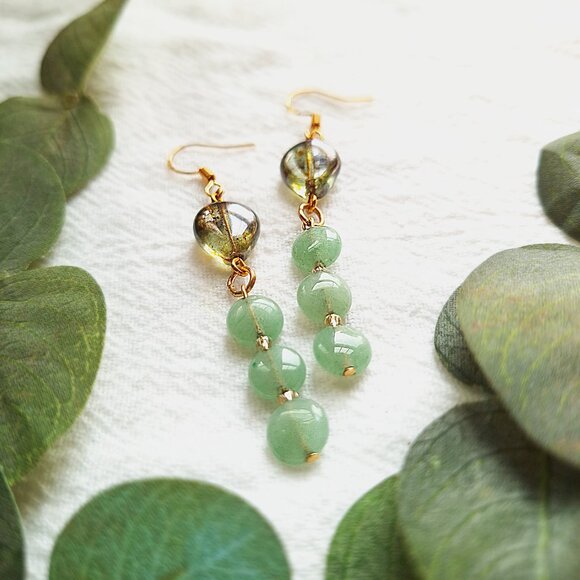 Glass & Aventurine Crystal Earrings, Woodland Fairycore Earrings, Cottagecore - Picture 3 of 7